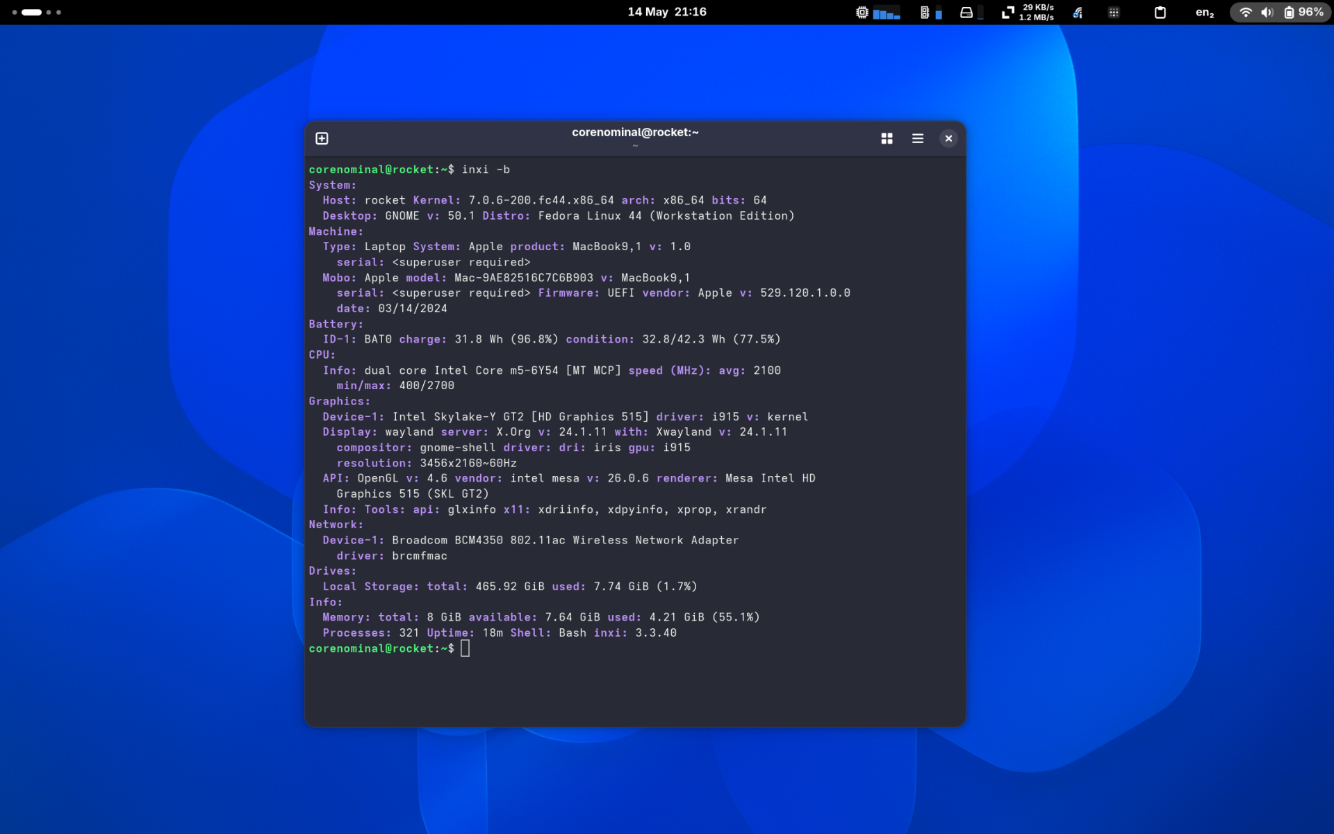 System information output in a terminal, displaying hardware details including Fedora OS, Core i5 CPU, and memory usage.