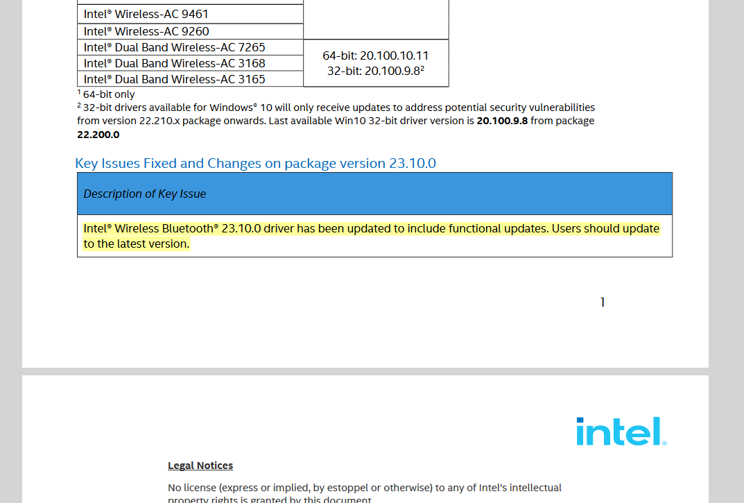 Screenshot of Intel's Release Notes showing a not very helpful note. "Intel® Wireless Bluetooth® 23.10.0 driver has been updated to include functional updates. Users should update to the latest version."